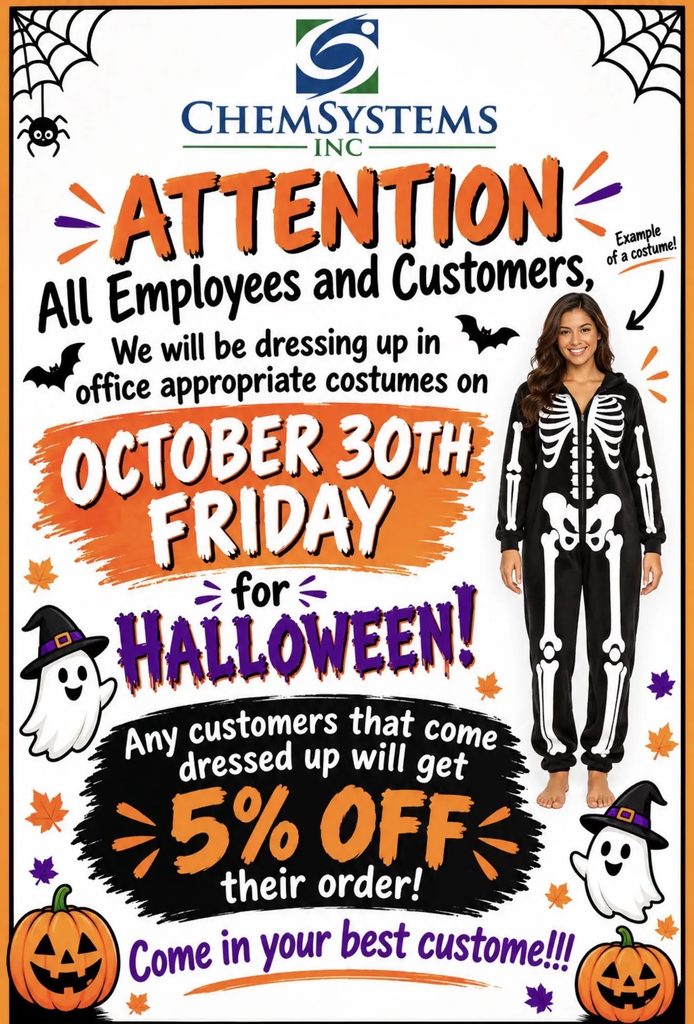 ChemSystems Halloween event, Friday October 30. Customers who come dressed in costume receive 5% off their order.